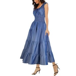 Chambray Dress Denim Blue Tiered Maxi Prairie 50s 60s Retro Long Midi Full Skirt